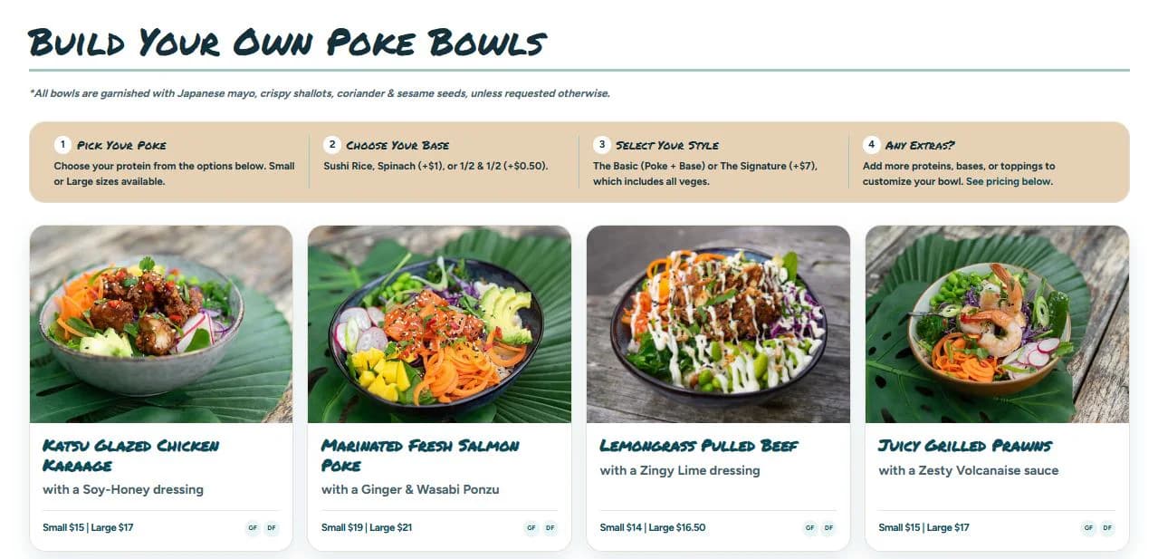 Desktop and mobile views of the responsive build-your-own poké bowl menu designed for Kahakai Poké Bowls